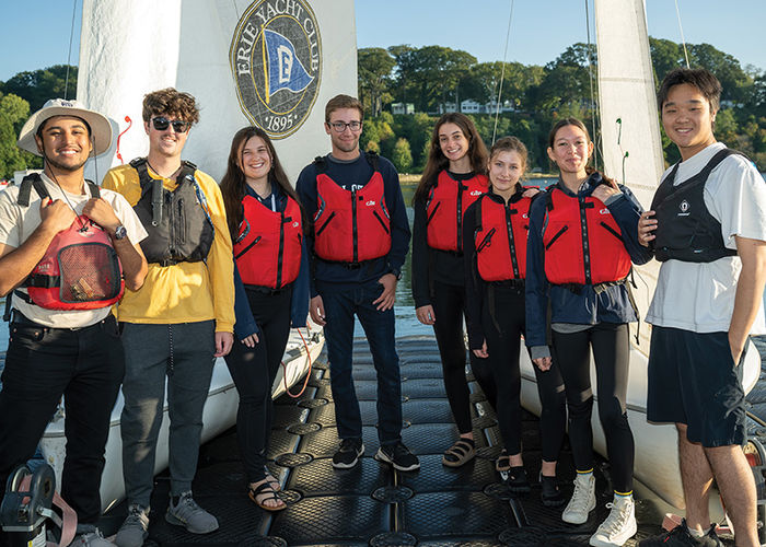 Members of the Penn State Behrend Sailing Club gather before practice. The club welcomes all students from experienced to novice.